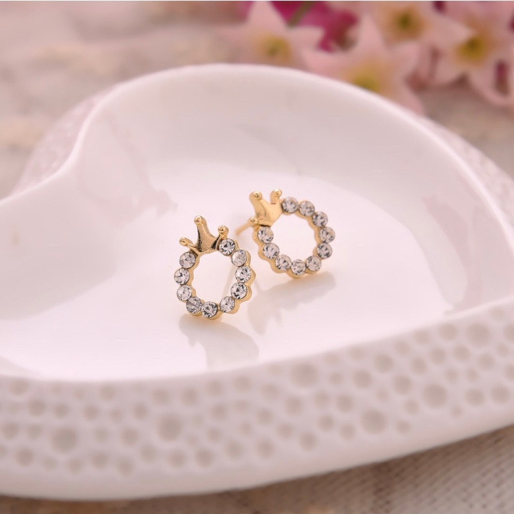 Circle Stud Rhinestone Gold Crown Cute Earrings